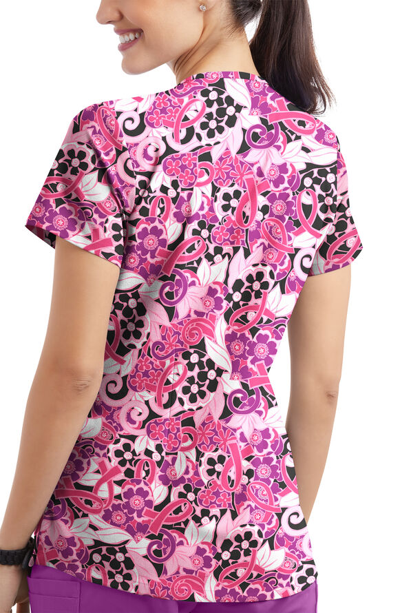 Strictly Scrubs STRETCH Pink Ribbon Bouquet Women's 4-Pocket Rounded V-Neck Print Scrub Top - null - 2