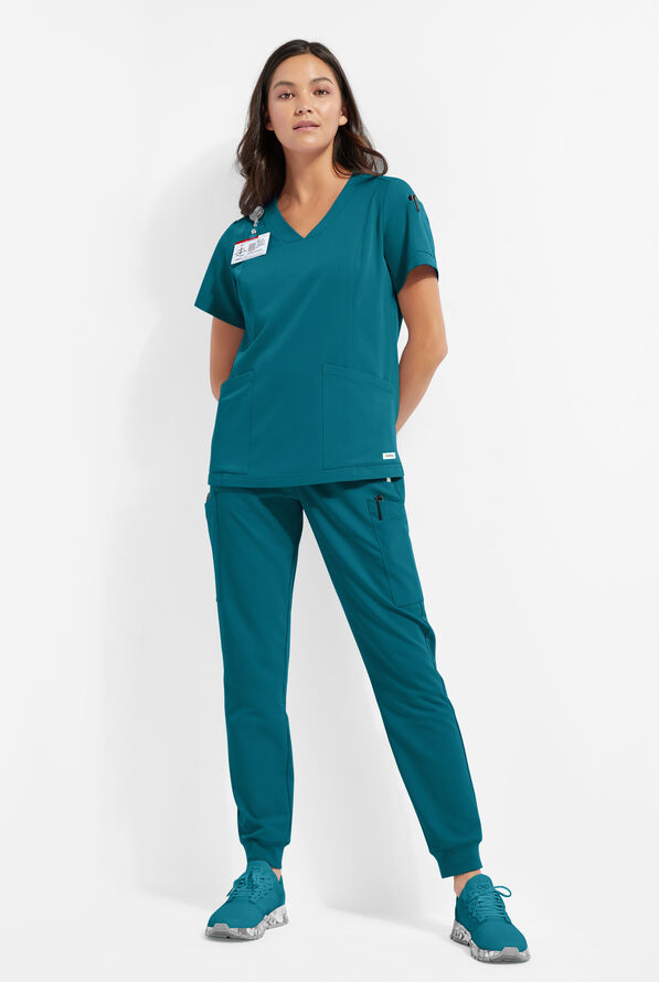 ReSurge Ruby Women's 5-Pocket Curved V-Neck Top - Caribbean Blue - 2