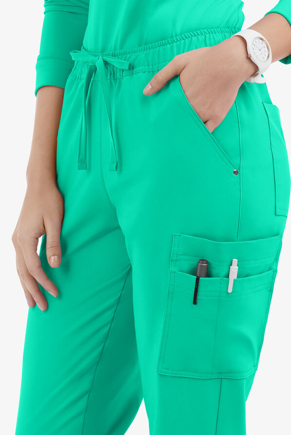 Easy STRETCH Halle Women's 11-Pocket Ruched Leg Jogger Scrub Pants - Dynasty Green - 3