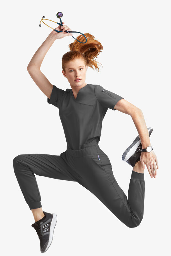 Blusa médica MOVEMENT by Butter-Soft Capella estilo cruzado con 5 bolsillos para mujer - Pewter - 6