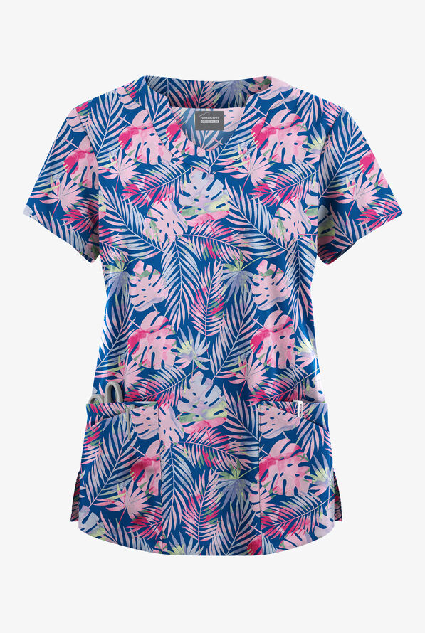 Butter-Soft Originals Tropical Garden Royal Women's 6-Pocket Scallop Neck Print Scrub Top - null - 1