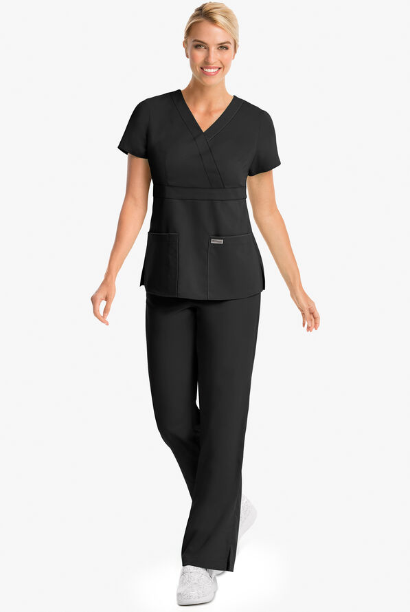 Blusa médica Grey's Anatomy estilo cruzado de corte moderno y 3 bolsillos para mujer - Black - 2