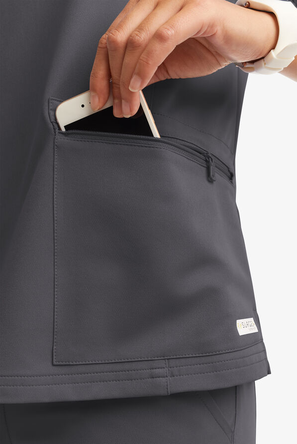 Butter-Soft Women's 5-Pocket Zipper Neck Short Sleeve Scrub Top **Slightly IRREGULAR** - Pewter - 6