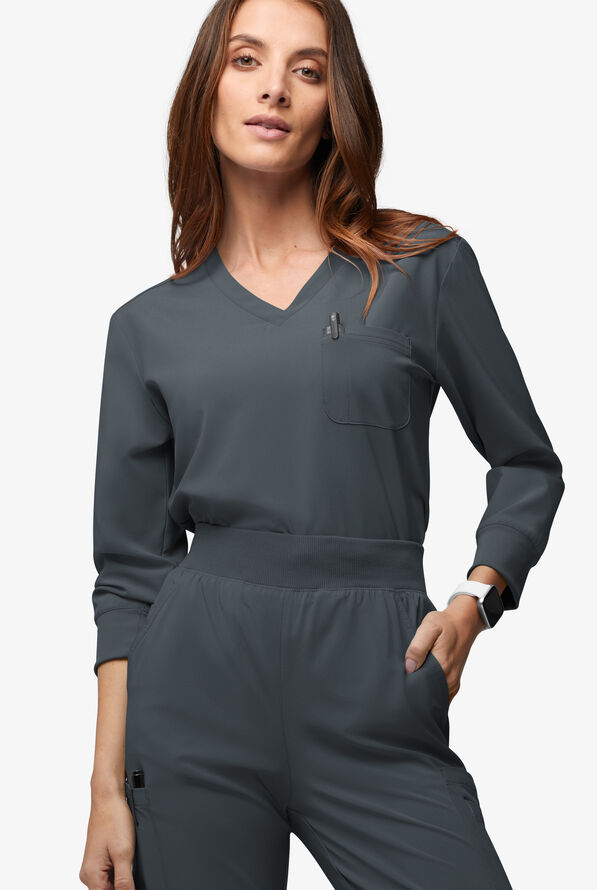 Easy STRETCH Women's Josie 2-Pocket Relaxed 3/4" Sleeve Scrub Top - Pewter - 2