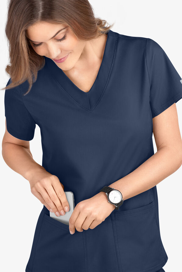 Butter-Soft STRETCH Women's 3-Pocket Contrast Scrub Top - Navy - 3