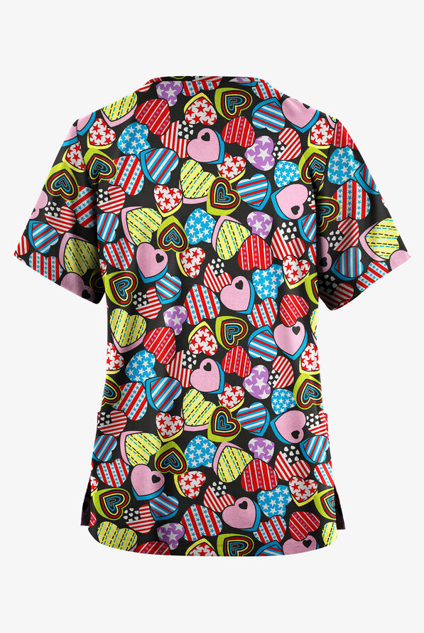 Butter-Soft Originals Candy Hearts Black Women's 2-Pocket V-Neck Print Scrub Top - null - 2