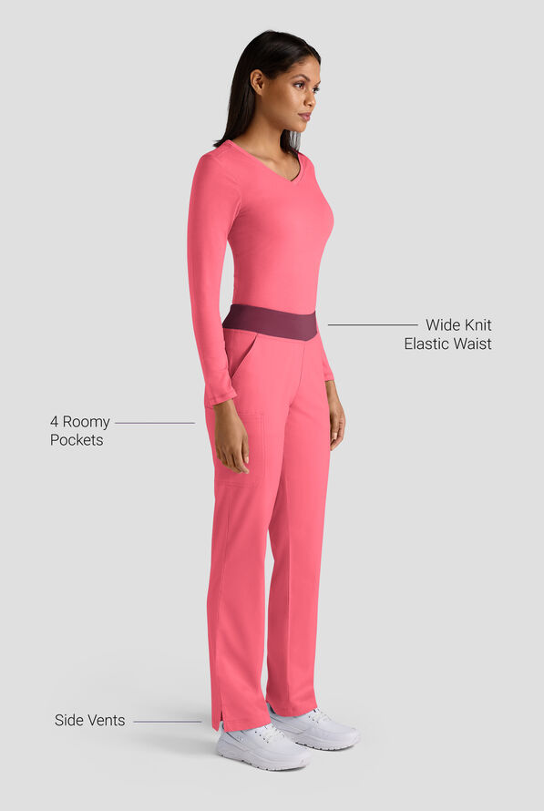 Butter-Soft STRETCH Women's 4-Pocket Knit Waistband Yoga Scrub Pants - Tall - Rouge Rose/Wine - 3