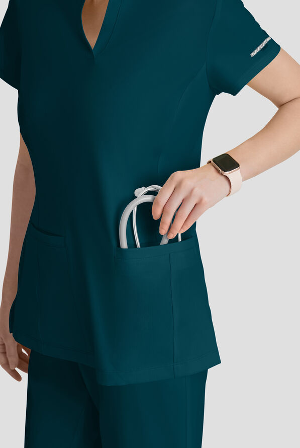 Blusa m&eacute;dica Skechers by Barco Coast STRETCH con tapeta en el cuello en V y 2 bolsillos para mujer - Bahama Blue - 6