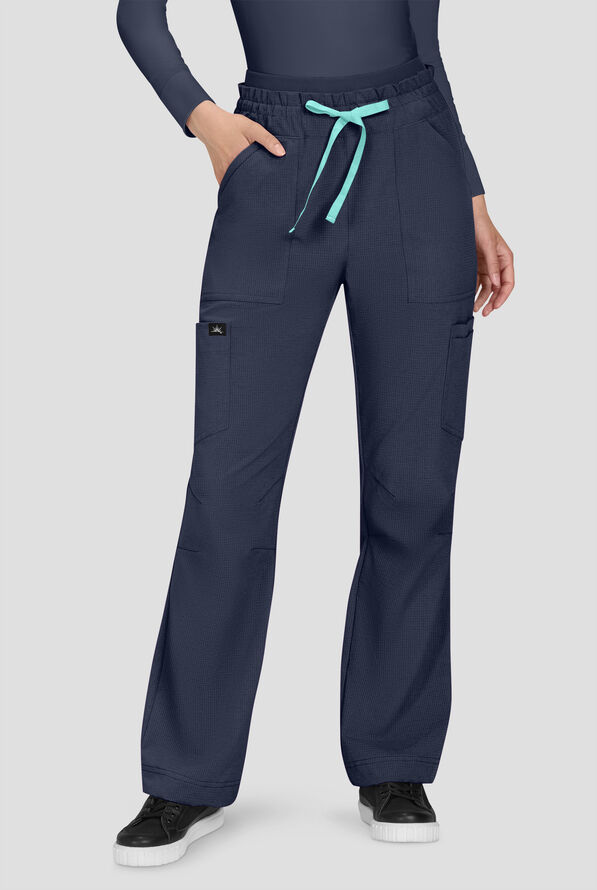 koi Solis Freda Women's 8-Pocket STRETCH Rib-Knit Double Waist Straight Leg Cargo Scrub Pant - Navy - 1