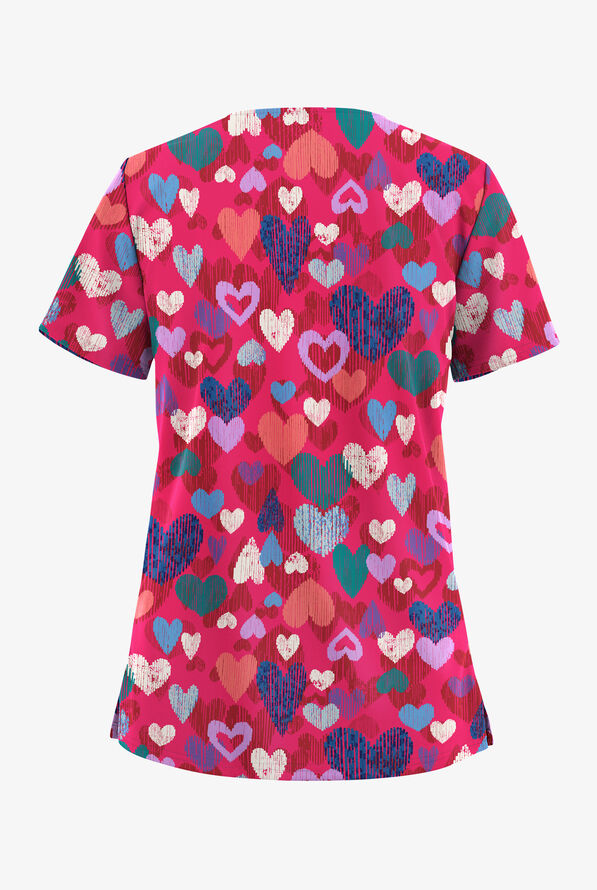 Butter-Soft STRETCH Sweet Love Fuchsia Women's 2-Pocket V-Neck Print Scrub Top - null - 2