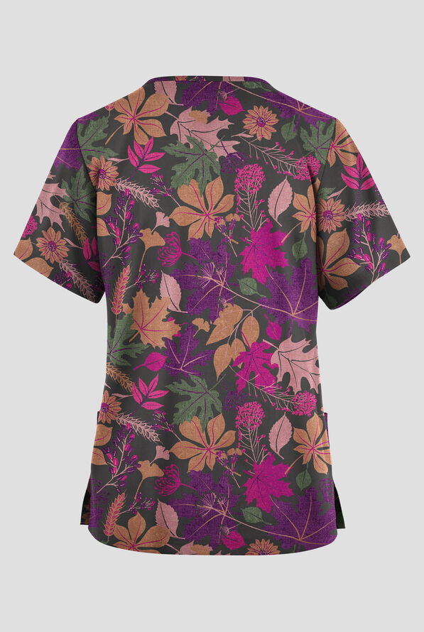 Butter-Soft Originals Vermont Leaves Pewter Women's 2-Pocket V-Neck Print Scrub Top - null - 2