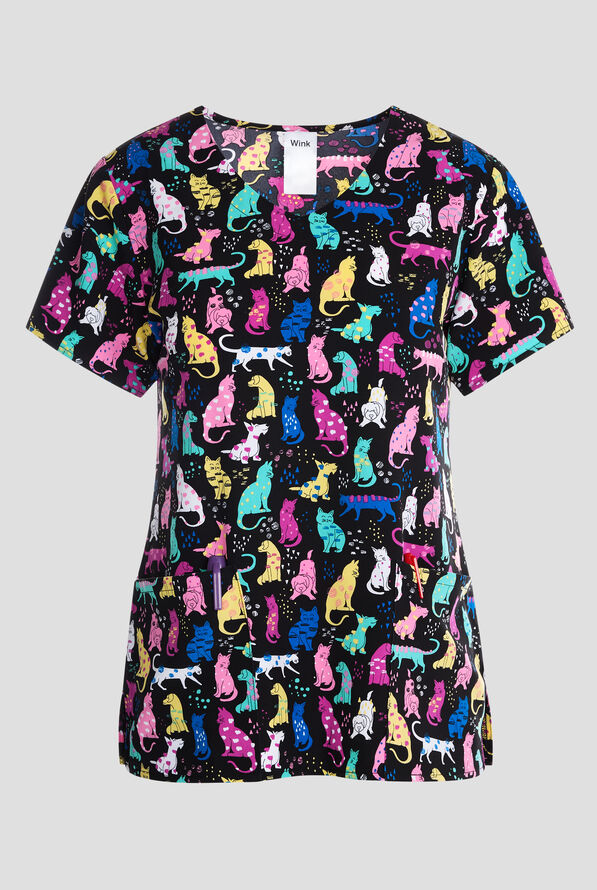 Wink Darling Dots Cats Women's 2-Pocket STRETCH V-Neck Print Scrub Top - null - 1