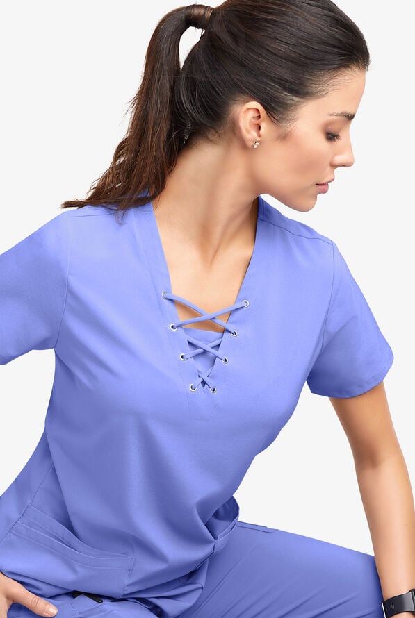 Easy STRETCH Gisele Women's 4-Pocket Lace Up V-Neck Scrub Top - Deep Cornflower - 5