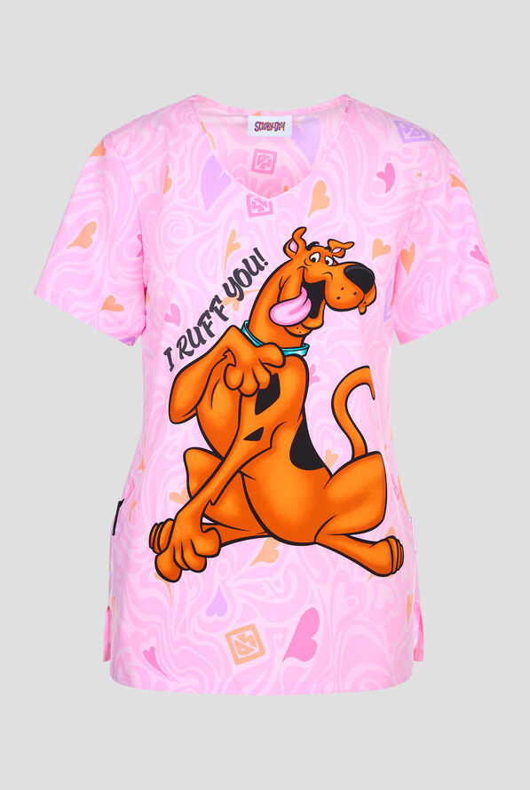 Tooniforms I Ruff You Scooby Doo Women's 2-Pocket STRETCH V-Neck Print Scrub Top - null - 1