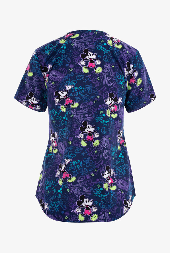 Tooniforms Bandana Land Mickey Women's 2-Pocket STRETCH V-Neck Print Scrub Top - null - 2