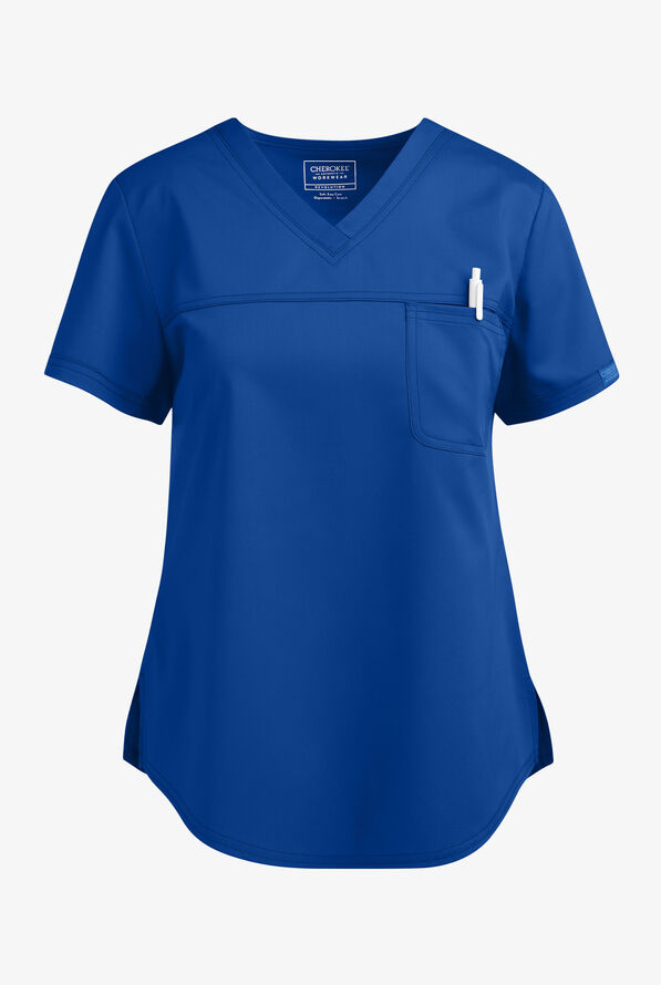 Cherokee Workwear Revolution Women's 1-Pocket STRETCH Tuck In V-Neck Scrub Top - Royal - 1