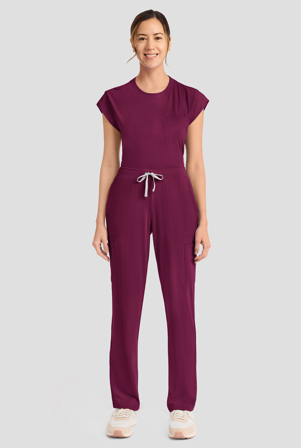 Cherokee Achieve Women's 5-Pocket STRETCH Elastic Waist Drawstring Cargo Scrub Pants - Wine - 5