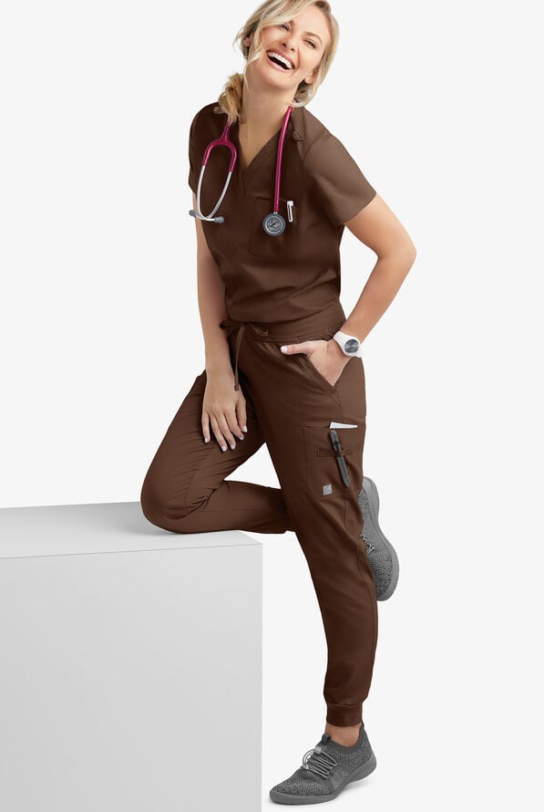 Blusa m&eacute;dica Butter-Soft STRETCH con cuello en V y 2 bolsillos para mujer - Coffee Bean - 2