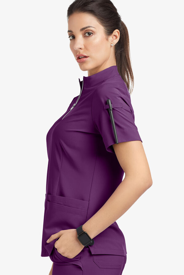 Easy STRETCH Jen Women's 4-Pocket Zip-Neck Short Sleeve Scrub Top - Eggplant - 5