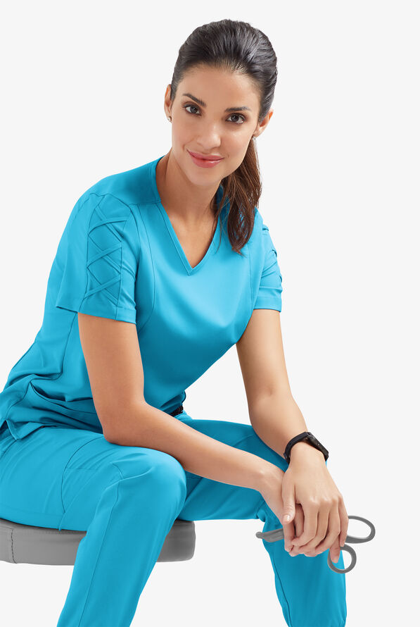 Blusa m&eacute;dica EASY STRETCH Kylie con detalle entrecruzado y 5 bolsillos para mujer - Turquoise - 5