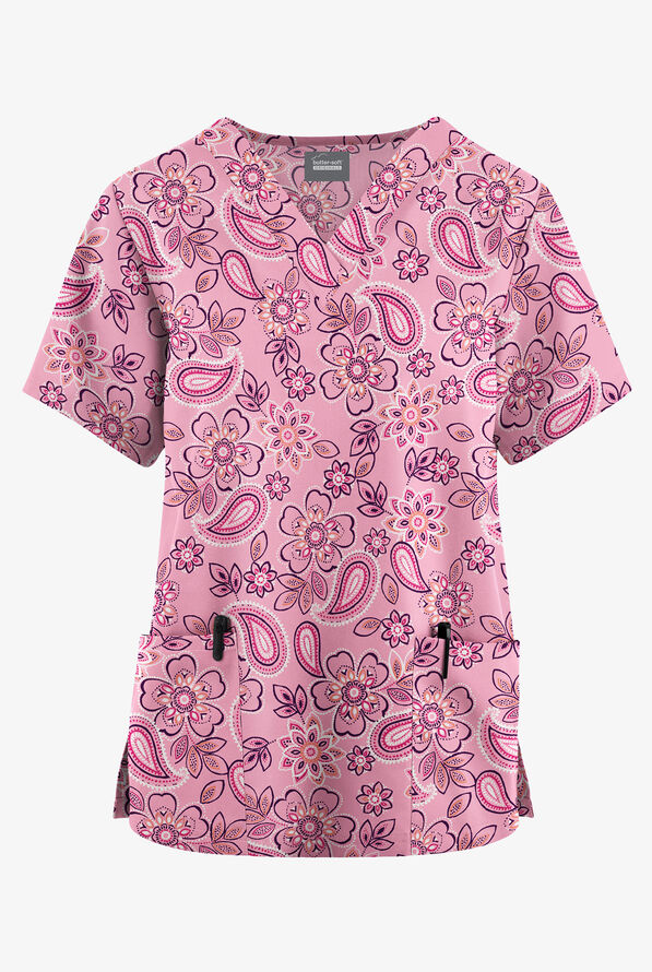 Blusa m&eacute;dica estampada Butter-Soft Originals Paisley Garden Blush con cuello en V y 2 bolsillos para mujer - null - 1