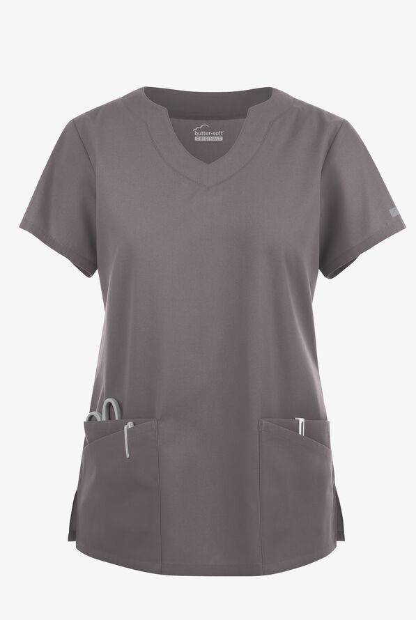 Blusa médica Butter-Soft Originals con cuello festoneado y 6 bolsillos para mujer - Grey Stone - 1