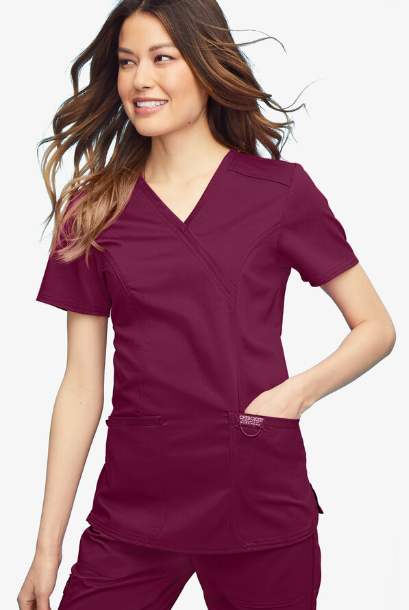 Cherokee Workwear Revolution Women's 2-Pocket STRETCH Mock Wrap Scrub Top - Wine - 2