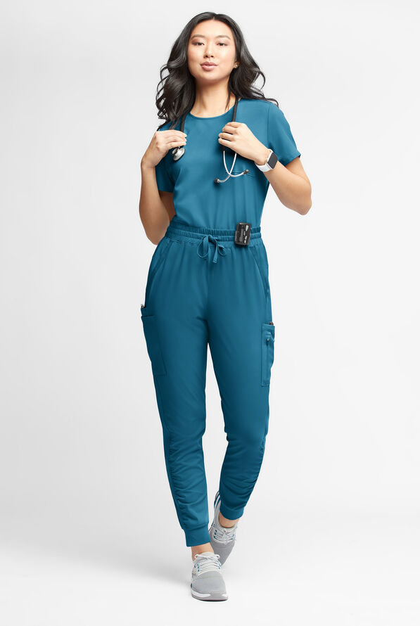 WhisperLite Calla Women's 6-Pocket Ruched Leg Cargo Scrub Pants - Caribbean Blue - 2