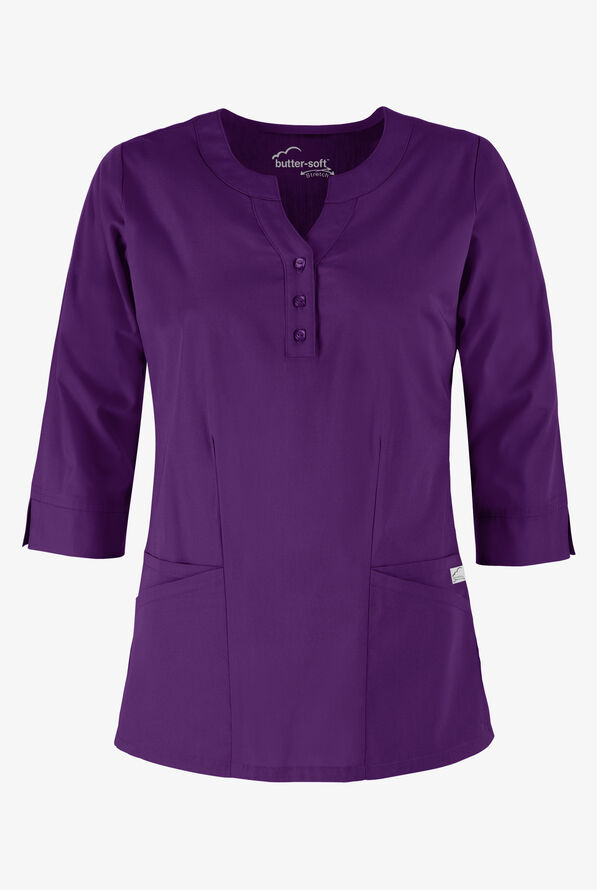 Butter-Soft STRETCH Women's 4-Pocket 3/4" Sleeve Round Neck Scrub Top - Eggplant - 1