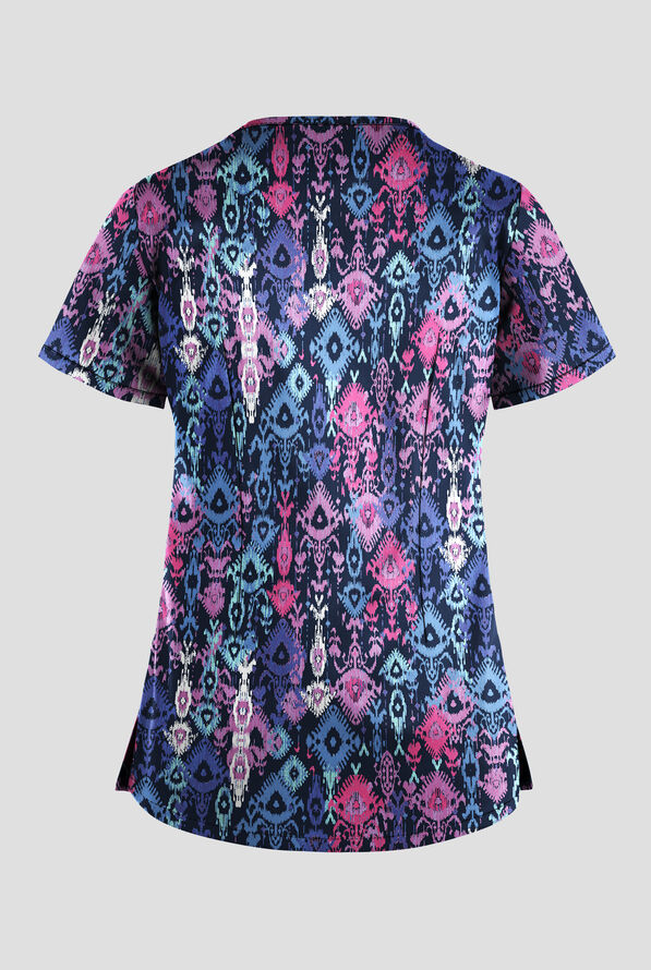 Strictly Scrubs STRETCH Cascading Ikat Rosebud Women's 4-Pocket Crisscross Print Scrub Top - null - 2