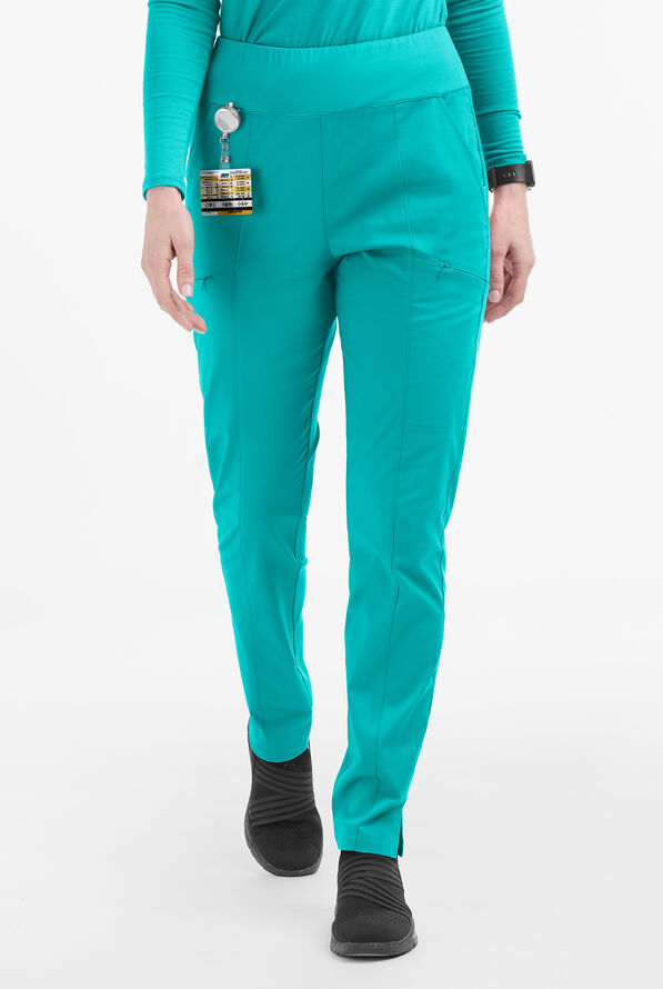 Butter-Soft STRETCH Women's 6-Pocket High Waisted Slim Leg Yoga Scrub Pants - Petite - Bright Teal - 1