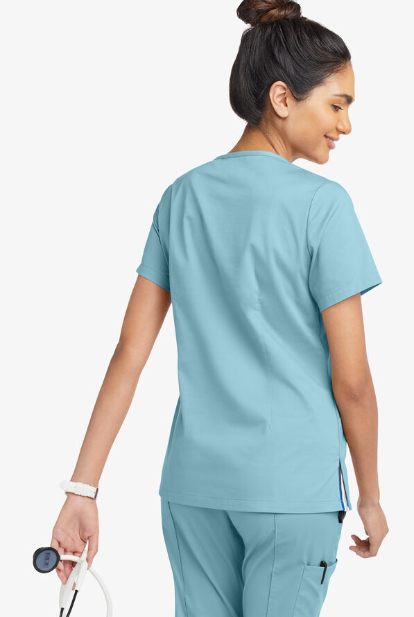 Butter-Soft STRETCH Women's 6-Pocket Short Sleeve Notch Placket with Sport Trim Detail Scrub Top - Dew Drop - 4
