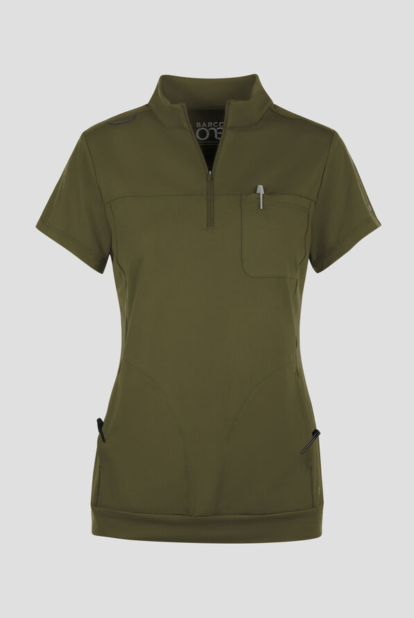 Barco One Performance Knit Vigor Women's 3-Pocket STRETCH Banded Bottom Zip Mock Neck Scrub Top - Olive - 1
