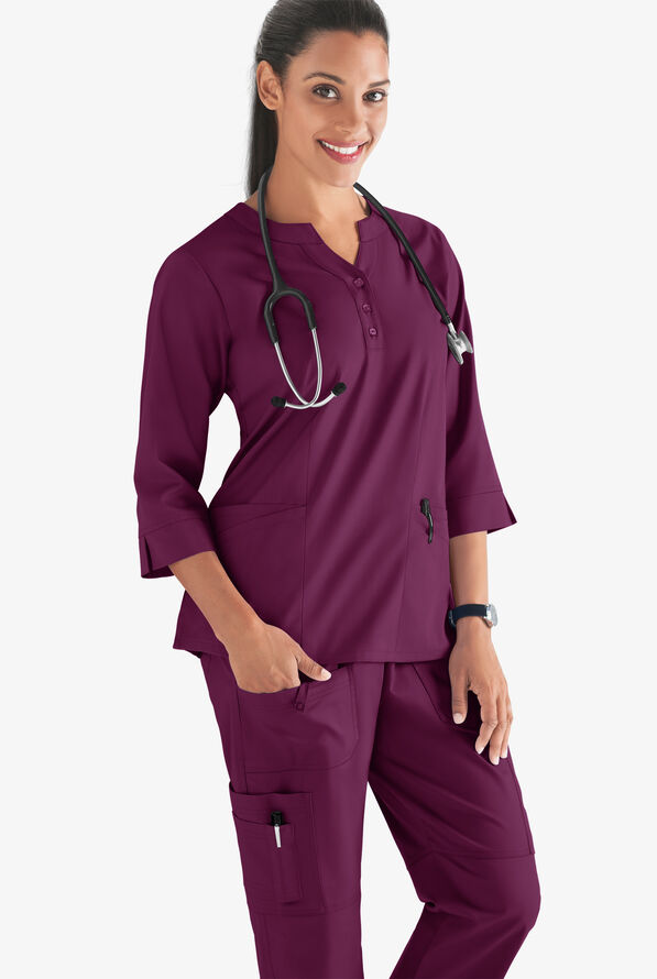 Butter-Soft STRETCH Women's 4-Pocket 3/4" Sleeve Round Neck Scrub Top - Wine - 2