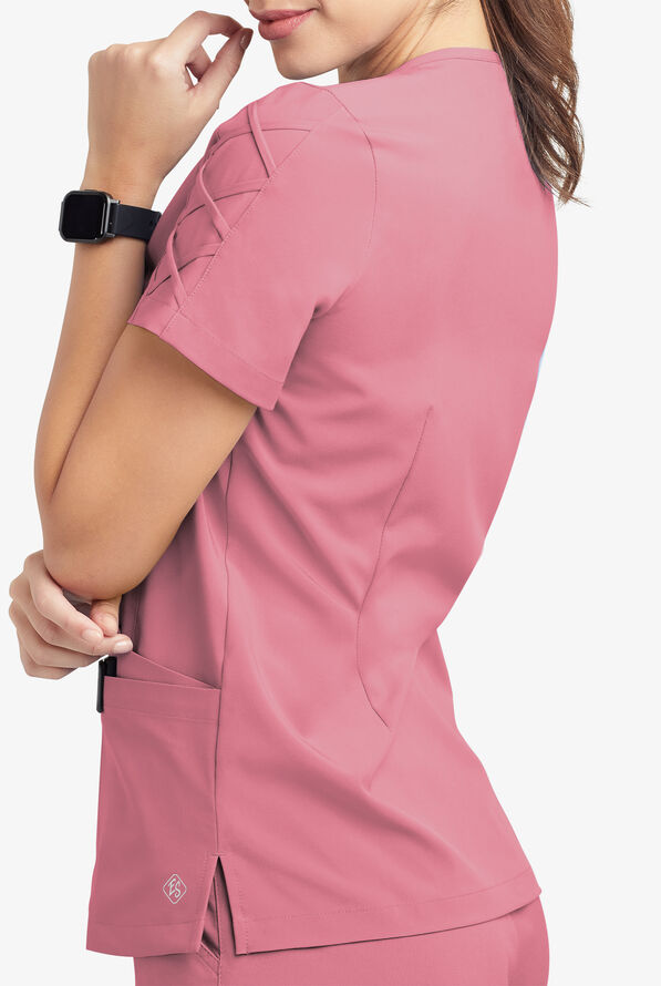 Easy STRETCH Kylie Woman's 5 Pocket V-Neck With Criss-Cross Detail Scrub Top - Cashmere Rose - 7