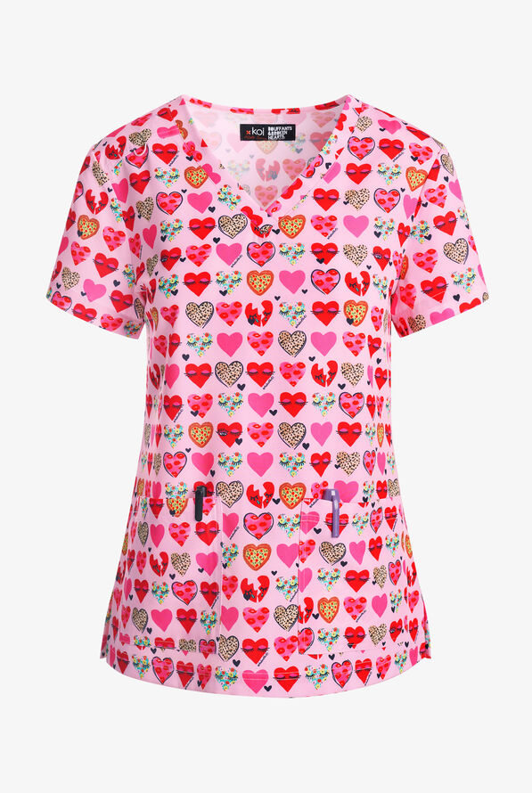 koi Next Gen Wink Love Hearts Women's 2-Pocket STRETCH V-Neck Print Scrub Top - null - 1