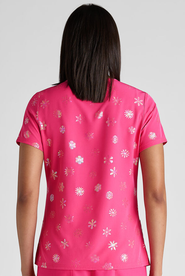Butter-Soft STRETCH Shimmer Flurries Fuchsia Foil Women's 2-Pocket V-Neck Print Scrub Top - null - 5