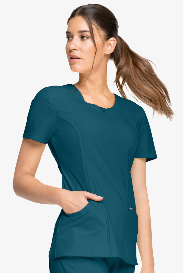 Infinity Women's 3-Pocket STRETCH Round Neck Scrub Top - Caribbean Blue - 3