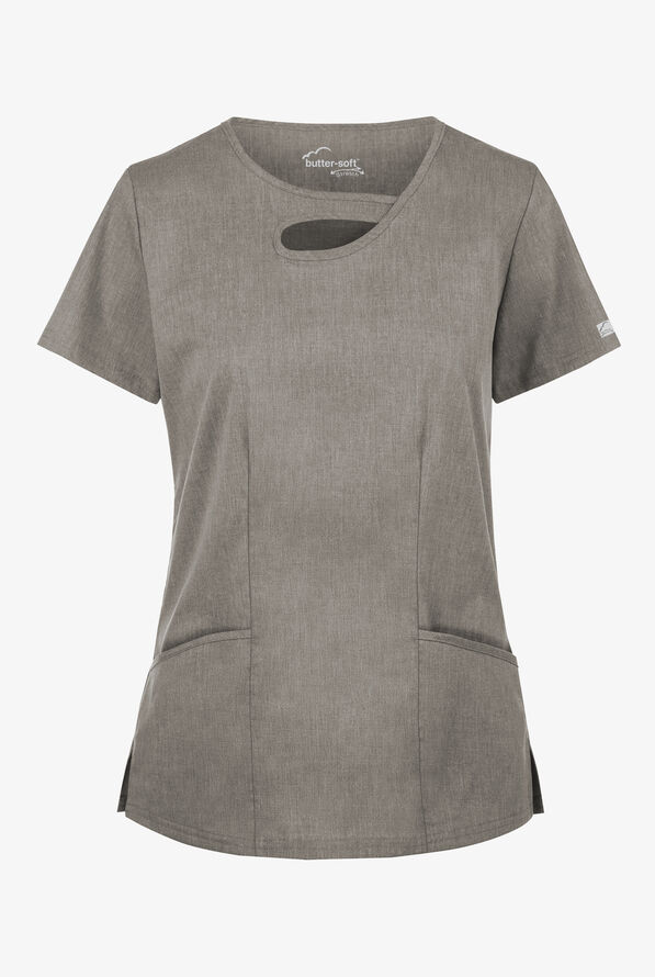 Blusa m&eacute;dica Butter-Soft STRETCH con cuello asim&eacute;trico tipo ojo de cerradura y 2 bolsillos para mujer - Heather Grey - 1