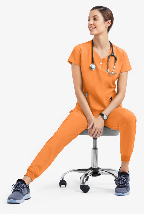 Easy STRETCH Demi Women's 4-Pocket Henley Scrub Top - Apricot Crush - 5