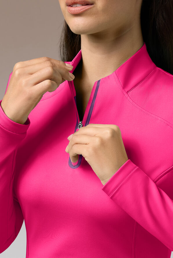 Hypothesis Omni Base K Women’s 3-Pocket Knit Long Sleeve Zip Neck Scrub Top - Reactive Pink/Eggplant - 4