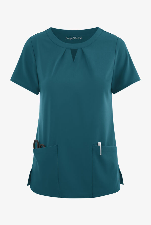 Easy STRETCH Salma Women’s 3-Pocket Keyhole Neck Scrub Top - Caribbean Blue - 1