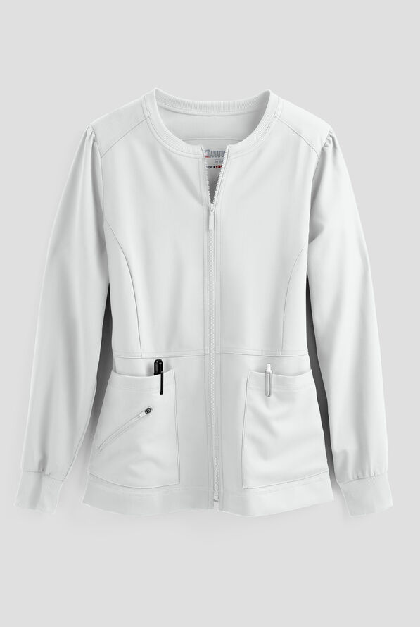 Grey's Anatomy by Barco Spandex STRETCH Millie Women's 3-Pocket Zip Front Warm Up Scrub Jacket - White - 1