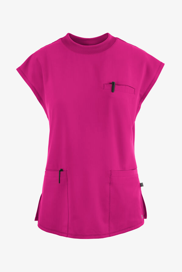 Infinity Women's 4-Pocket STRETCH Dolman Sleeve Rib-Knit Mock Neck Scrub Top - Future Fuchsia - 1