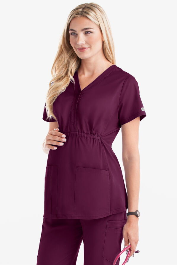 Butter-Soft STRETCH Women's 3-Pocket Knit Panel Maternity Scrub Top - Wine - 2