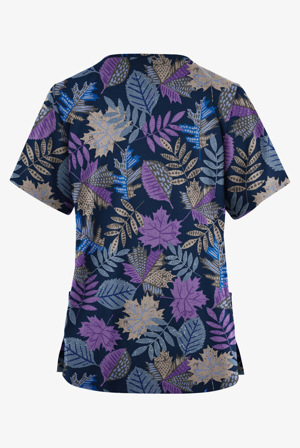 Blusa médica estampada Butter-Soft Originals Autumn In Maine Navy con cuello en V y 2 bolsillos para mujer - null - 2