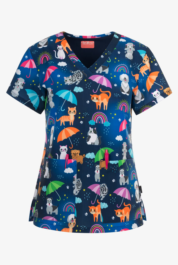 Zavate Ava Therese Raining Cats & Dogs Women's 2-Pocket STRETCH V-Neck Print Scrub Top - null - 1
