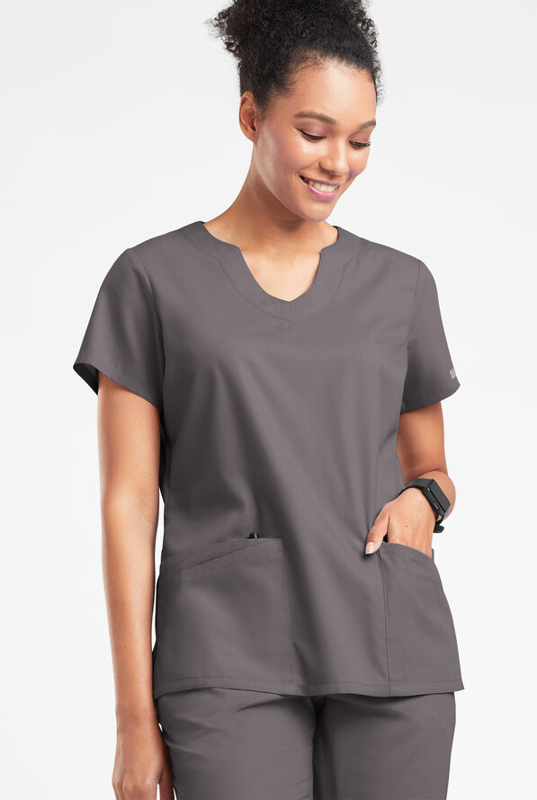 Blusa médica Butter-Soft Originals con cuello festoneado y 6 bolsillos para mujer - Grey Stone - 2