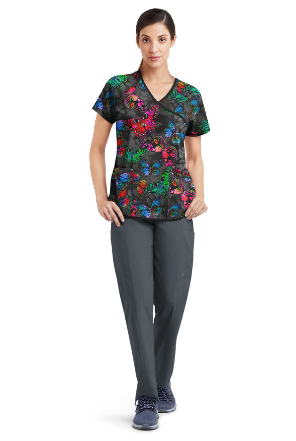 Easy STRETCH Butterfly Oasis Onyx Women's 4-Pocket Raglan Print Scrub Top - null - 2