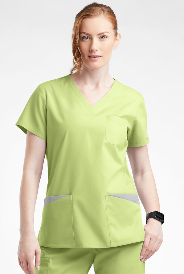 Blusa médica Butter-Soft Originals con cuello en V curvo y 7 bolsillos para mujer - Cool Matcha/Silver Melange - 2